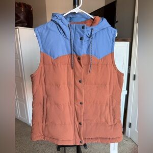 Patagonia Bivy Down Puff Hooded Vest - Blue and Brown - Large